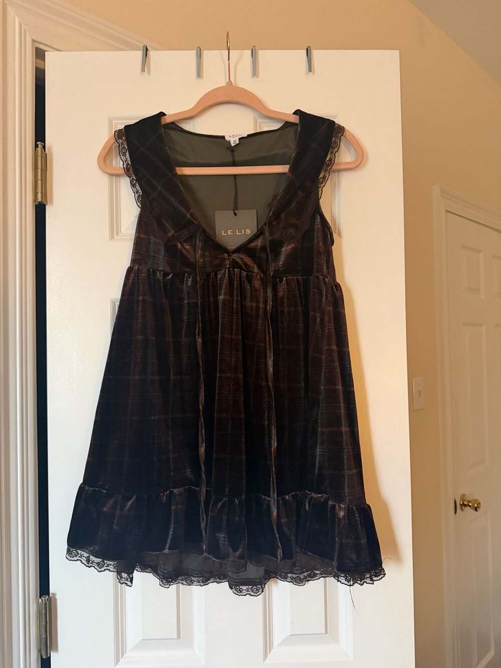 Le Lis Collection Plaid Velvet Babydoll Mini Dress with Lace Trim